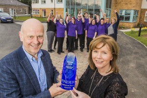 Mario Kreft with his personal assistant Sue Thomas celebrates winning the prestigious Pinder Award with staff at Bryn Seiont in Caernarfon.