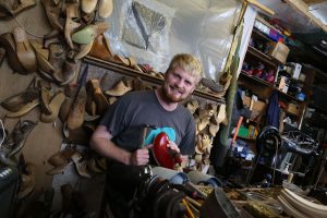 Foundation Apprentice of the Year finalist Gwilym Bowen Rhys at work at Trefor Owen Clog Makers, Criccieth