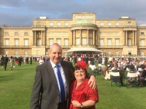Ann Farr and her fiancé William Serridge at Buckingham Palace.