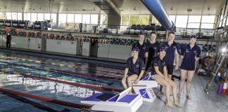 Anwyl provide starting blocks for Cambrian Aquatic Sports in Connah's Quay. From left, Laura Sharp, Kristian Ellis, Abbie Holl, Zac Winn and Erin Roberts