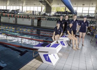 Anwyl provide starting blocks for Cambrian Aquatic Sports in Connah's Quay. From left, Laura Sharp, Kristian Ellis, Abbie Holl, Zac Winn and Erin Roberts