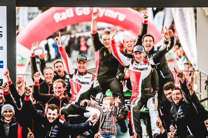 Elfyn Evans celebrates last year’s Dayinsure Wales Rally GB victory.