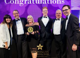 The Trefeddian Hotel’s managing director, Caroline Cave-Browne-Cave, her son Tom Cave and general manager William Moeran received the award from a representative of award sponsor Chargemaster watched by host Claudia Winkelman and the AA’s hotel and hospitality services managing director Simon Numphud.