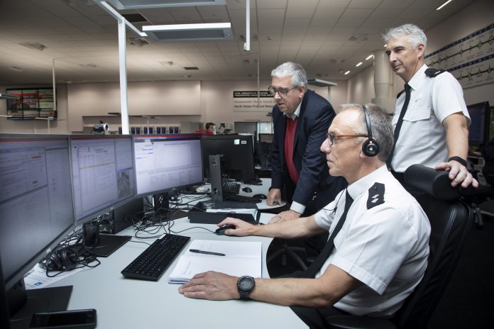 North Wales Police and Crime Commissioner Arfon Jones has paid a visit to North Wales Police’s control centre at St Asaph, pictured are Inspector Merfyn Jones, Superintendent Neil Thomas and PCC Arfon Jones.